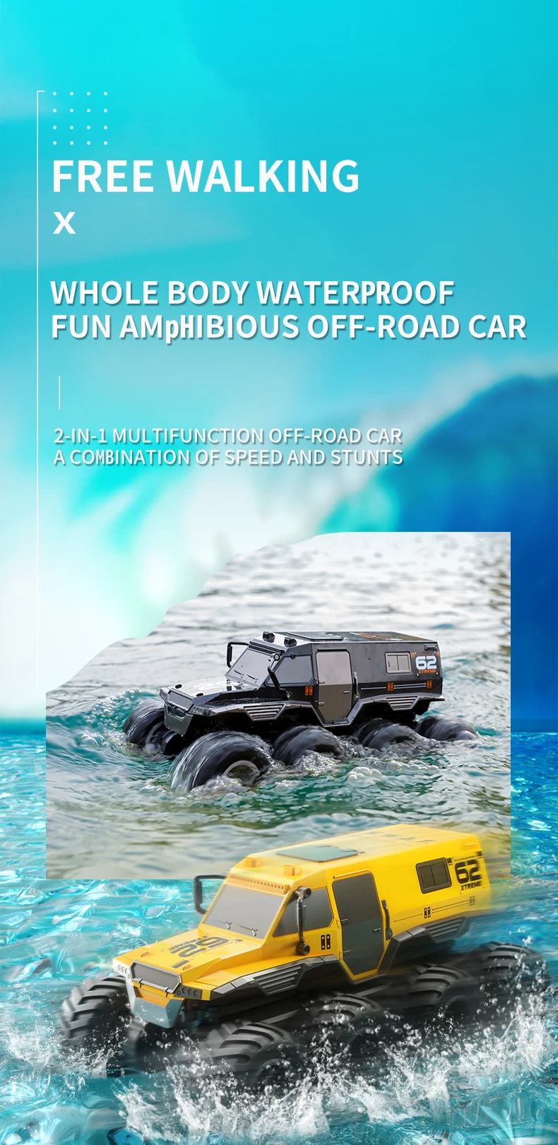 ﻿RCF JJRC Q137 8x8 2.4G Remote Control Car 8wd Off-road Amphibious Stunt Vehicle 8-Wheel Speed Racing Truck Waterproof Crawler Toys