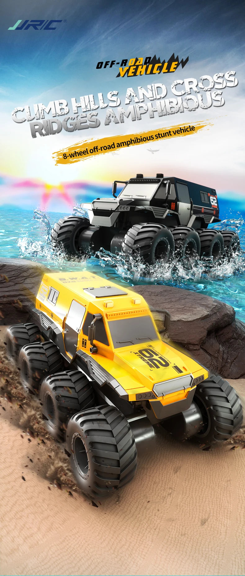 ﻿RCF JJRC Q137 8x8 2.4G Remote Control Car 8wd Off-road Amphibious Stunt Vehicle 8-Wheel Speed Racing Truck Waterproof Crawler Toys