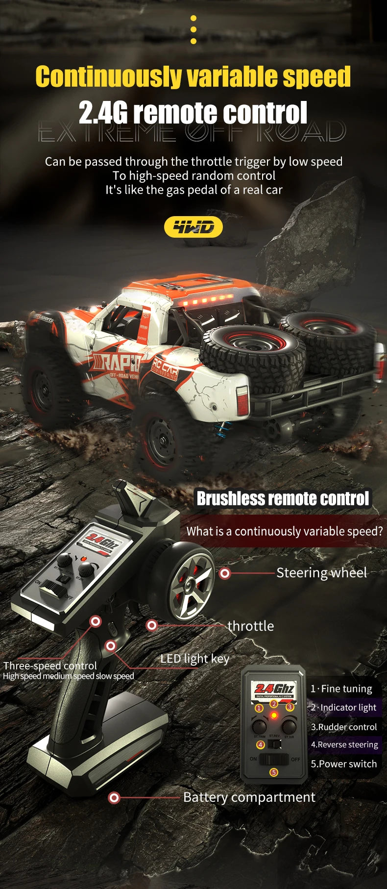 Rc Car Off Road 4x4 50km/h Or 75km/h High Speed Brushless Motor Monster Truck 1/16 Desert/Snow Racing Drift Cars Toys For Boys