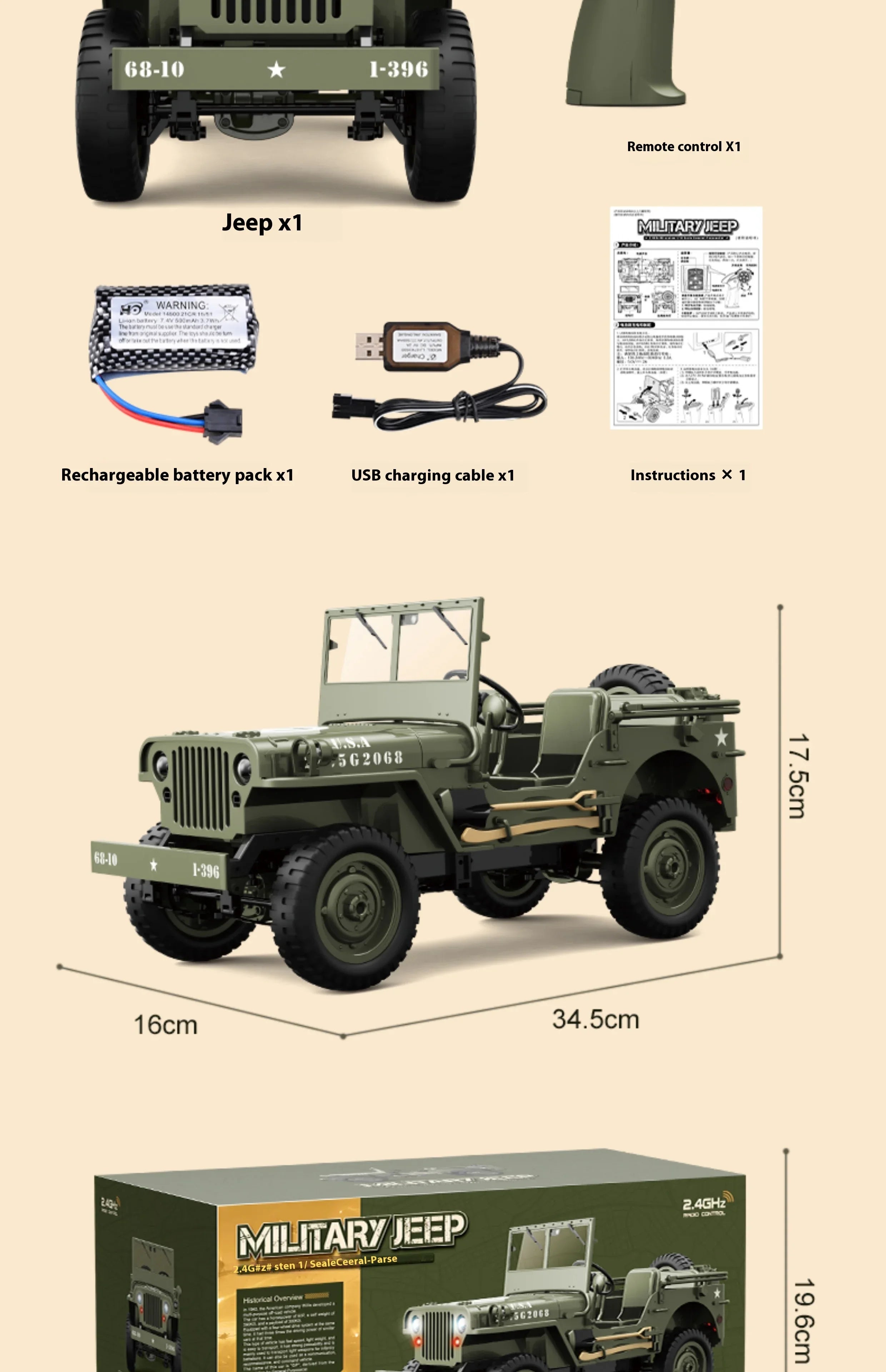 Willys Jeep WW2 Military Car 1:10 RC 2.4GHZ 4x4 RTR Rock Crawler Off-Road